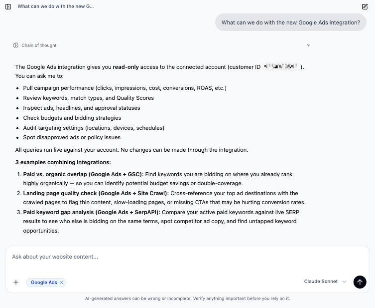 A Morrison chat answer to the question What can we do with the new Google Ads integration. The agent lists the read-only capabilities and three combined-source examples (Google Ads + GSC, Google Ads + Site Crawl, Google Ads + SerpAPI).