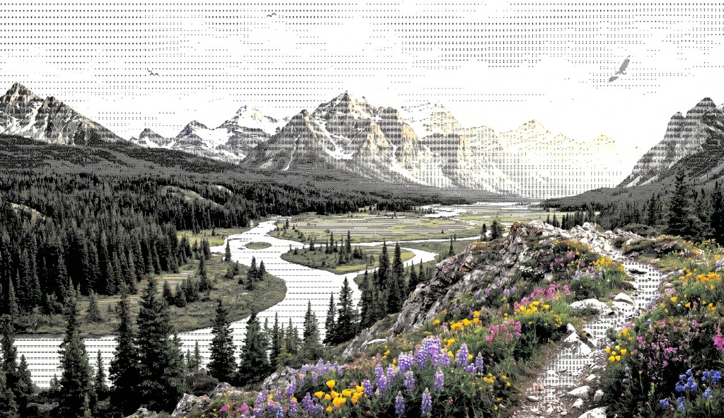 Halftone illustration of a mountain valley with a meandering river, forested slopes, and a wildflower-lined ridge in the foreground.
