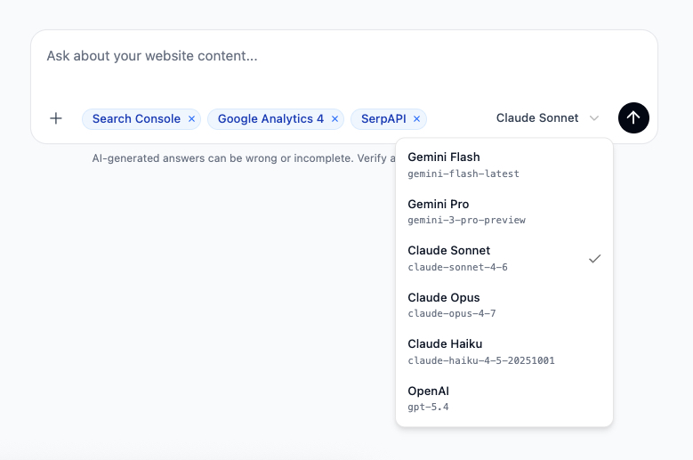 The Morrison chat composer with Search Console, Google Analytics 4 and SerpAPI active as source pills, and the model picker open showing six options: Gemini Flash, Gemini Pro, Claude Sonnet (selected), Claude Opus, Claude Haiku, and OpenAI, each with its underlying provider model id.